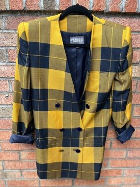 Vintage 80s Stirling Cooper London Yellow Plaid Power Blazer - Double Breasted